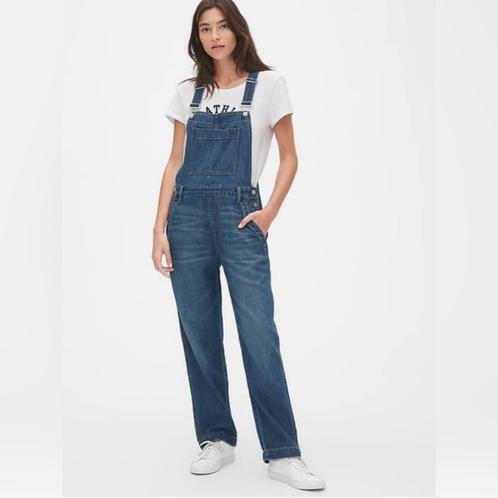 Gap Denim Wide Straight Leg Bib Overalls Dark Indigo 492498 Sz L Petite